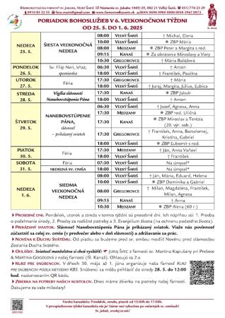 Poriadok bohoslužieb a farské oznamy v 6. Veľkonočnom týždni od 25. 5. do 1. 6. 2025