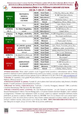 Poriadok bohoslužieb a farské oznamy v 16. týždni obdobia Cez rok od 20. 7. do 27. 7. 2025