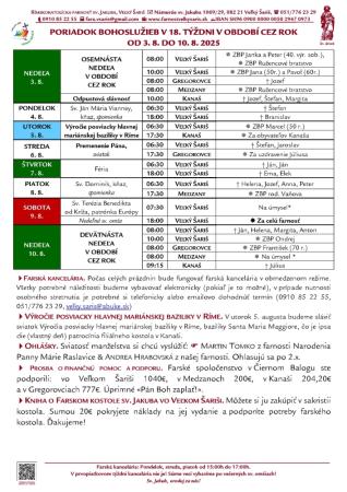Poriadok bohoslužieb a farské oznamy v 18. týždni obdobia Cez rok od 3. 8. do 10. 8. 2025