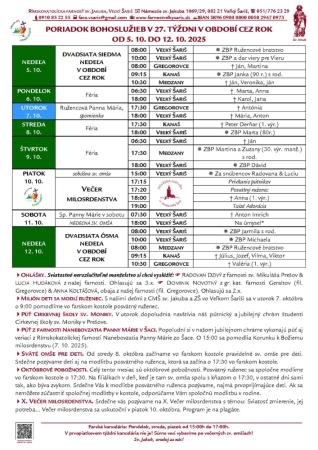 Poriadok bohoslužieb a farské oznamy v 27. týždni obdobia Cez rok od 5. 10. do 12. 10. 2025