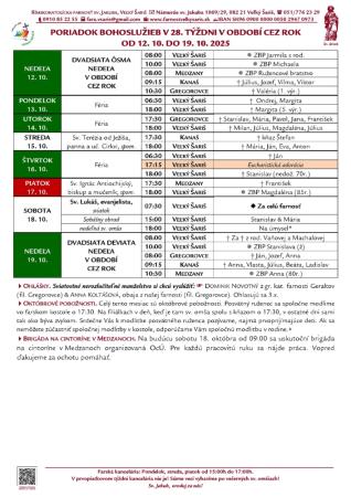 Poriadok bohoslužieb a farské oznamy v 28. týždni obdobia Cez rok od 12. 10. do 19. 10. 2025