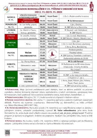 Poriadok bohoslužieb a farské oznamy v 32. týždni obdobia Cez rok od 9. 11. do 16. 11. 2025