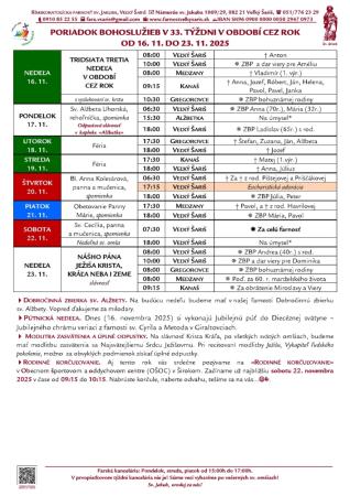 Poriadok bohoslužieb a farské oznamy v 33. týždni obdobia Cez rok od 16. 11. do 23. 11. 2025