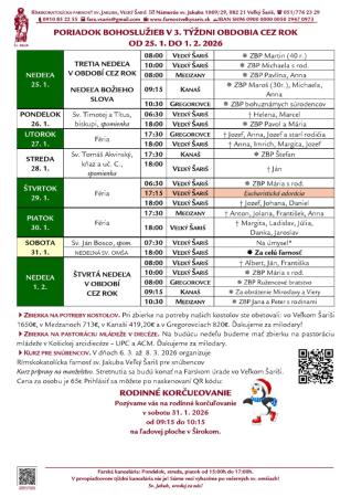 Poriadok bohoslužieb a farské oznamy v 3. týždni obdobia Cez rok od 25. 1. 2026 do 1. 2. 2026