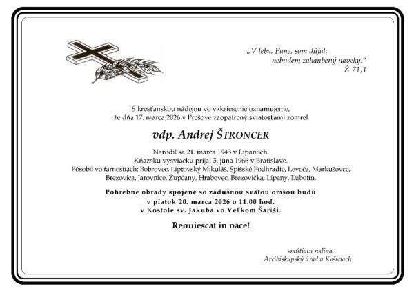 Úmrtie kňaza dp. Andreja Štroncera