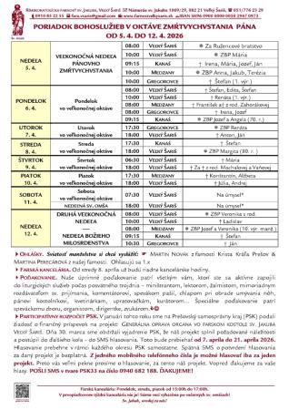 Poriadok bohoslužieb a farské oznamy v oktáve zmŕtvychvstania Pána od 5. 4. 2026 do 12. 4. 2026