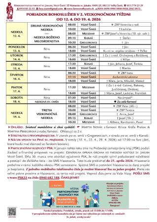 Poriadok bohoslužieb a farské oznamy v 2. veľkonočnom týždni od 12. 4. 2026 do 19. 4. 2026