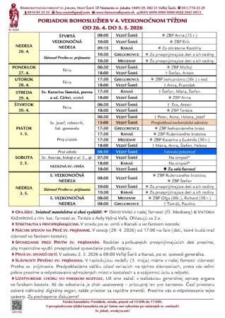 Poriadok bohoslužieb a farské oznamy vo 4. veľkonočnom týždni od 26. 4. 2026 do 3. 5. 2026