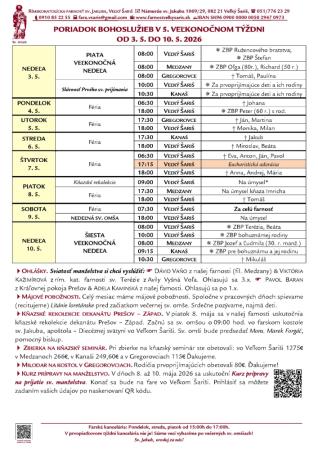 Poriadok bohoslužieb a farské oznamy v 5. veľkonočnom týždni od 3. 5. 2026 do 10. 5. 2026