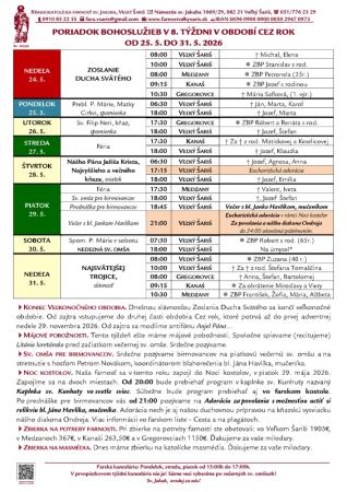 Poriadok bohoslužieb a farské oznamy v 8. týždni obdobia Cez rok od 24. 5. 2026 do 31. 5. 2026