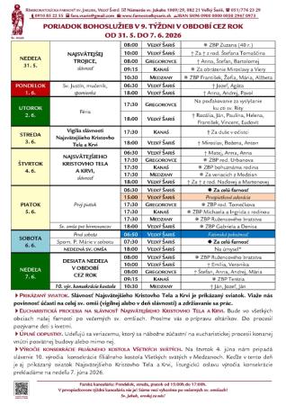 Poriadok bohoslužieb a farské oznamy v 9. týždni obdobia Cez rok od 31. 5. 2026 do 7. 6. 2026