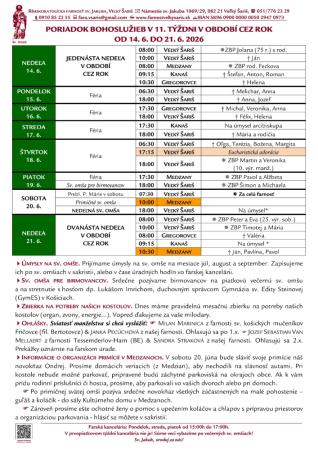 Poriadok bohoslužieb a farské oznamy v 11. týždni obdobia Cez rok od 14. 6. 2026 do 21. 6. 2026