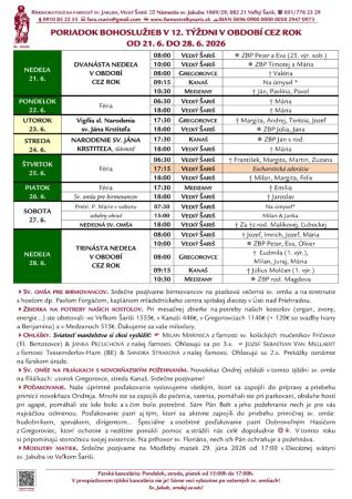 Poriadok bohoslužieb a farské oznamy v 12. týždni obdobia Cez rok od 21. 6. 2026 do 28. 6. 2026
