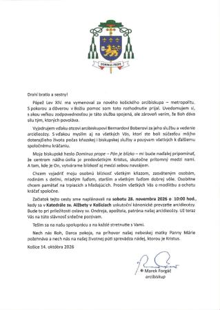 Príhovor nového arcibiskupa Mons. Mareka Forgáča
